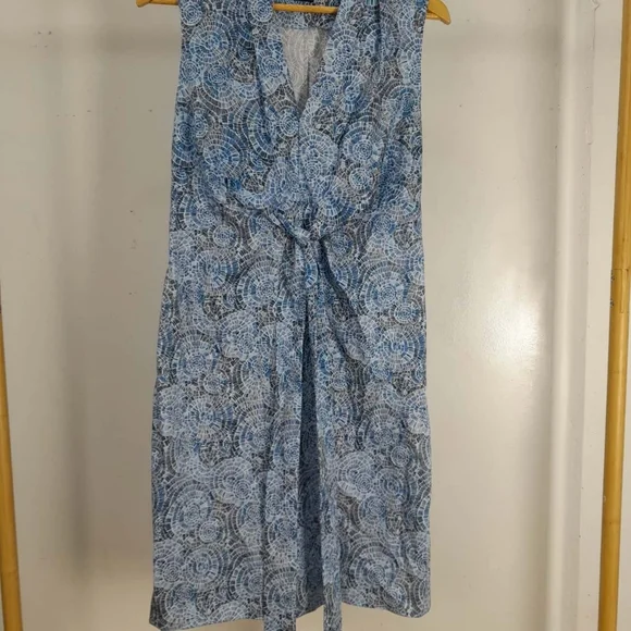 DAVID LAWRENCE Blue Cotton Printed Tie Front Sleeveless Midi Dress - Picture 9 of 14